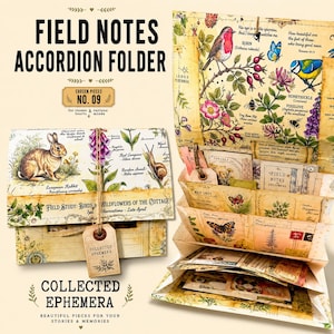 May include: An accordion folder with a vintage botanical design. The folder is labeled "Field Notes" and features illustrations of a rabbit, flowers, and birds. The text "Collected Ephemera" is also visible.