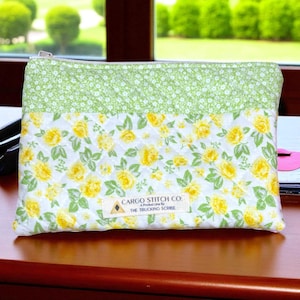 Yellow Rose Quilted Zipper Pouch – 9x6 Handmade Floral Bag | Cosmetic Organizer, Makeup Travel Pouch, Gift for Her, Out of Print Fabric
