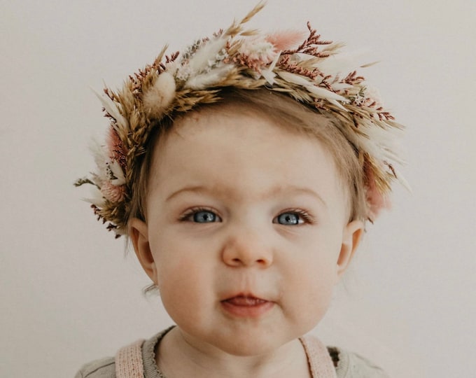 Featured listing image: Dusty Rose Dried Flower Crown, Newborn Crown, Flower Crown Halo, Baby Flower Crown, First Birthday, Flower Girl, Boho Flower Crown, Bridal