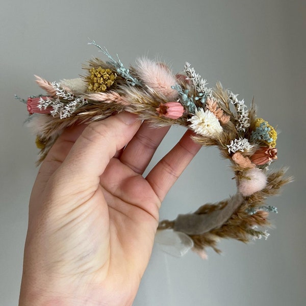 Couronne de fleurs séchées, couronne de nouveau-né, halo de couronne de fleurs, couronne de fleurs pour bébé, halo de fleurs séchées, couronne de demoiselle d'honneur, couronne de fleurs bohème, mariée