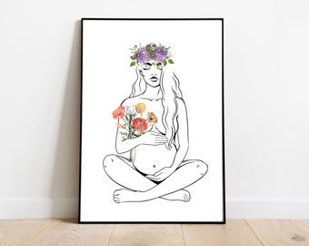 Custom Motherhood Line Art with birth flowers, Personalized, Printable, Personalized Birth Flower Print, Mothers Day Gift, Baby Shower Gift