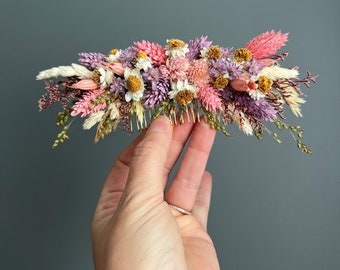 Dried Flower Hair Comb, Bridal Hair Comb, Pink & Purple Hair Comb, Flower Hair Clip, Hair Accessory, Prom, Colorful Hair Comb, Customizable