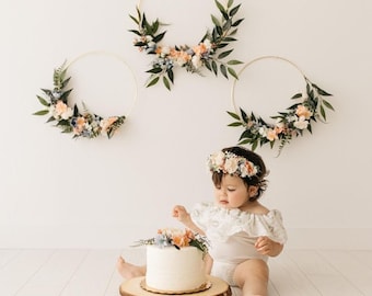 Floral Hoop Set with matching crown, Nursery Floral Wreath,  Flower Hoop Wreath, Nursery Wall Decor, Cake Smash Photos, Photo Prop Wreath