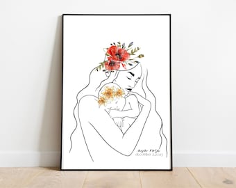 Custom Motherhood Line Art with birth flowers, Newborn Gift, Printable, Personalized Birth Flower Print, Mothers Day Gift, Baby Shower Gift