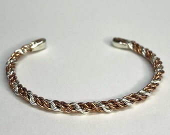 Handmade Sterling Silver & Copper Braided Cuff Bracelet (Fits 6" Wrist)