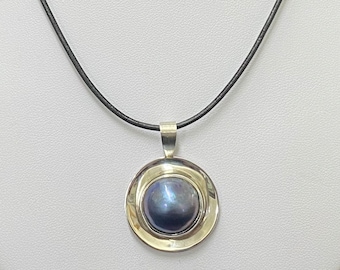 Silver Mabé Pearl pendant on 16” leather cord