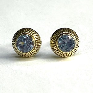 Vintage 14k aquamarine stud earrings with large butterfly backs, yellow gold, estate, used jewelry, bezel setting, March birthstone