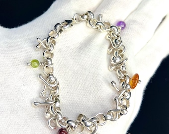 Vintage Sterling Silver Rolo Bracelet, Gemstone Bead Charms, 7 3/4 Inch