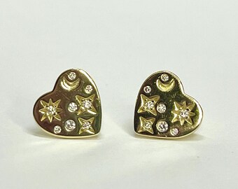 Gold Plated Sterling Silver Heart Earrings, Cubic Zirconia Celestial Design
