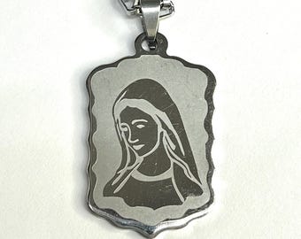 Stainless Steel Virgin Mary Dog Tag Necklace, Scalloped Edge Religious Pendant