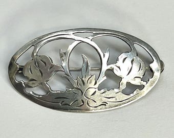 Antique German silver floral brooch, oval shaped, vintage, handmade