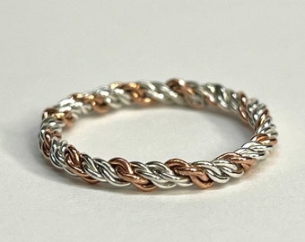 Handcrafted pure sterling silver and copper braided ring size 9, handmade