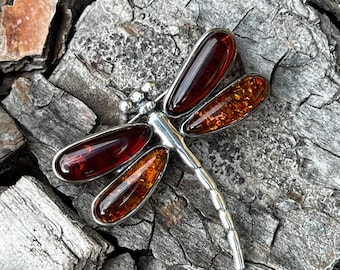 Vintage amber dragonfly brooch, sterling silver, insect pin