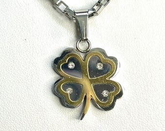 Gold Plated Shamrock Pendant Necklace, Stainless Steel Chain, White Stones