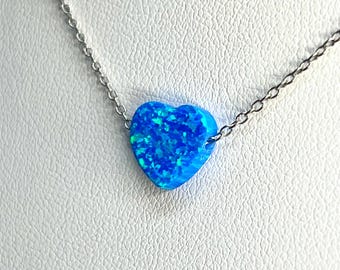 Blue Opal Heart Pendant, Sterling Silver Necklace, Adjustable Length