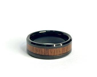 Koa wood inlay ring in black tungsten, size 10, 8mm wide band design