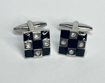Stainless steel checkerboard cufflinks, with cubic zirconias and black enamel