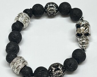 Lava bead bracelet with sterling silver skull clasp and beads, alternative style, unique jewelry