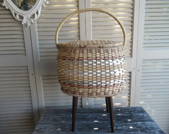 Sewing or knitting basket on stand.