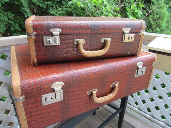 Valise cuir aspect crocodile vintage 1940-50 Ense… - image 1