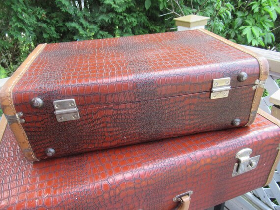 Valise cuir aspect crocodile vintage 1940-50 Ense… - image 2