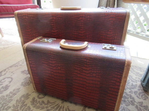 Valise cuir aspect crocodile vintage 1940-50 Ense… - image 3