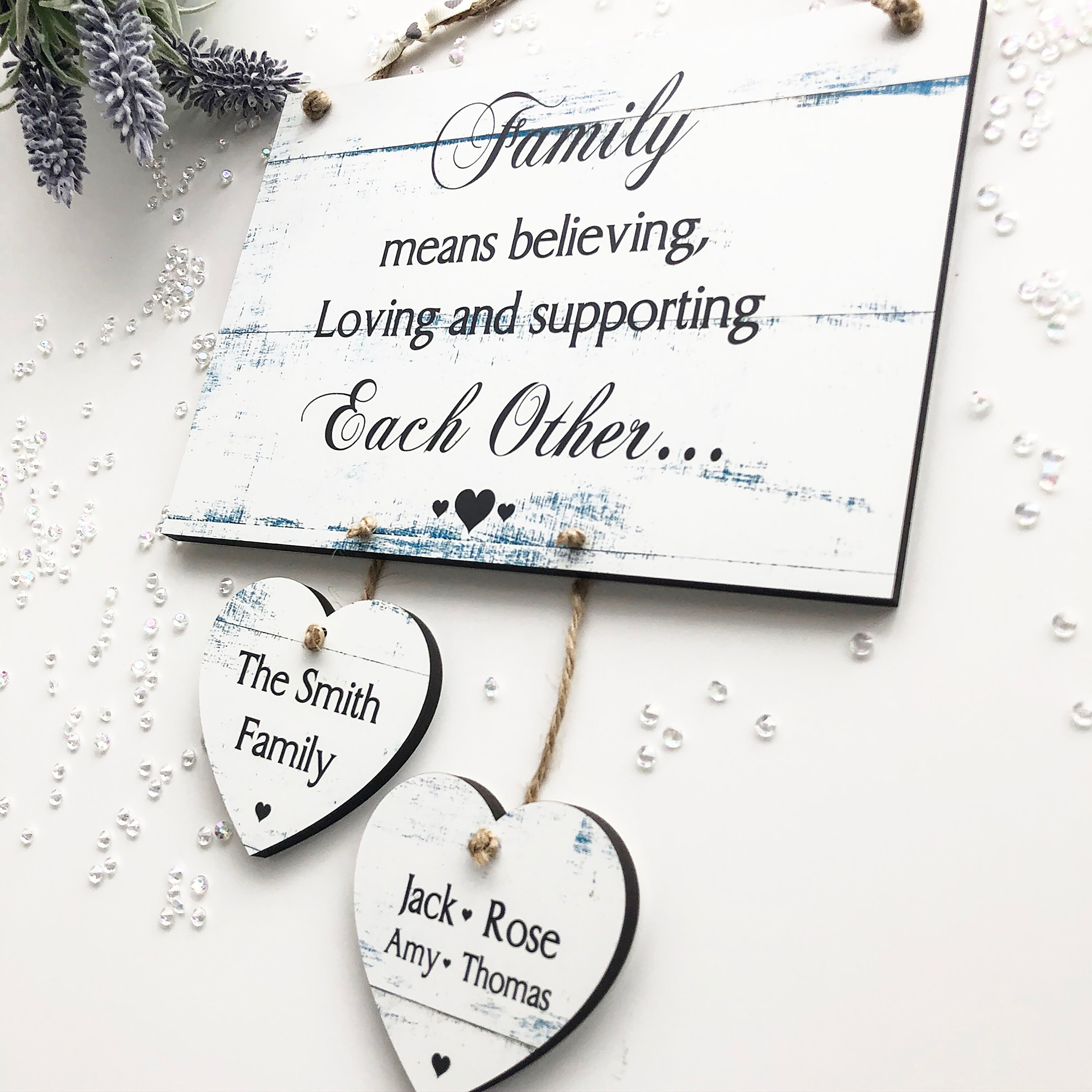 Personalised Wooden Family Wall Plaque With Hanging Hearts Etsy UK