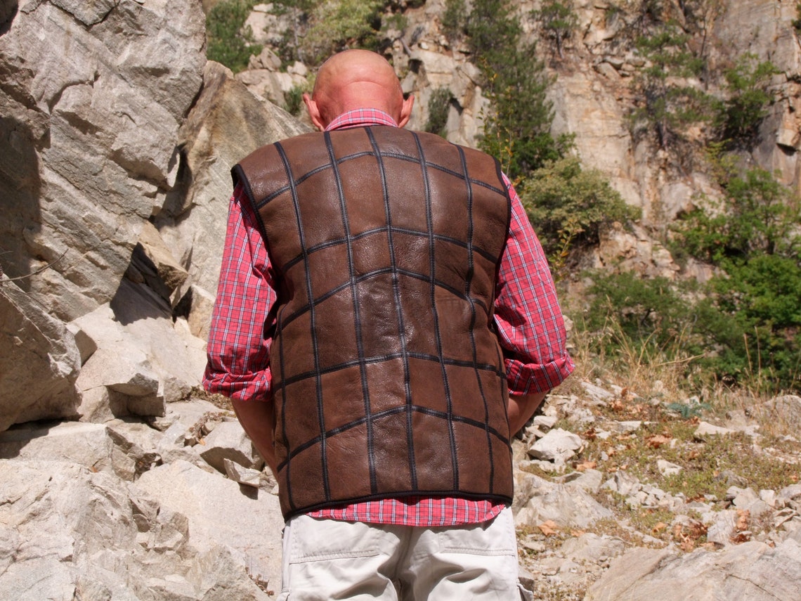 Sheepskin Vest Brown Leather Vest Handmade Gilet Mens Body Etsy