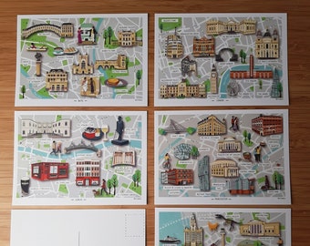 Set of 5 Illustrated City Map Postcards -  Dublin Postcard - Liverpool Postcard - Manchester Postcard - London Postcard - Bath Postcard