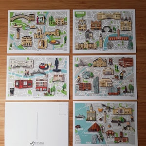Set of 5 Illustrated City Map Postcards -  Dublin Postcard - Liverpool Postcard - Manchester Postcard - London Postcard - Bath Postcard