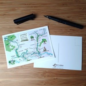 Carte postale de Londres et du réseau des voies navigables du Sud-Est - Carte postale de carte du canal de Londres - Carte postale dessinée à la main