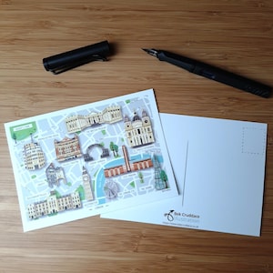 Illustrated Map London, England Postcard - Map Postcard- Tate Postcard - London Postcard - Big-Ben Postcard - Covent Garden Postcard
