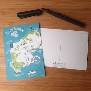 Illustrierte Karte von Cornwall - Penzance Postkarte - Surfing Postkarte - St Ives Postkarte - Handgezeichnete Postkarte - Made in UK