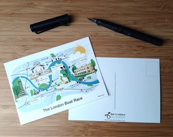 London Boat Race Illustrated Postcard - Illustrated Thames map Postcard - Oxford Cambridge Boat Race Postcard - Handdrawn Postcard - Kew