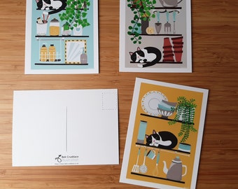 Cat Postcard Set -  Shed Postcard - Bathroom Cat - Kitchen Cat - Illustrated black & white cat Postcard - Cat Lover Postcards