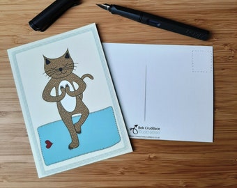 Yoga Cat in the Tree Pose - Postcard - Blank Card - Illustrated & Hand-drawn Stationery - Made in UK