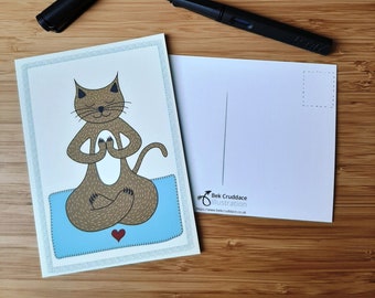 Yoga Cat in the Lotus Position - Postcard - Blank Card - Illustrated & Hand-drawn Stationery - Made in UK