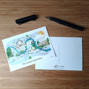 London Boat Race Geïllustreerde Ansichtkaart - Geïllustreerde Thames kaart Ansichtkaart - Oxford Cambridge Boat Race Postcard - Handdrawn Postcard - Kew