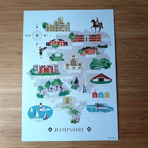 Illustrierte Karte von Hampshire, UK - A4 - Handgezeichnete Karte - Perfektes Geschenk - Fertig zum Rahmen