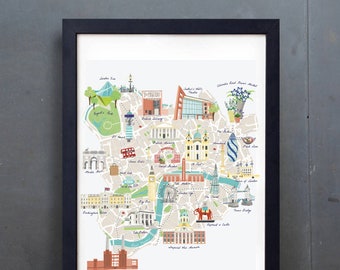 Illustrated Map of London - A2 - A3 - London map - Colourful Art Print - Hand-drawn - Poster - Perfect Gift - Ready to Frame