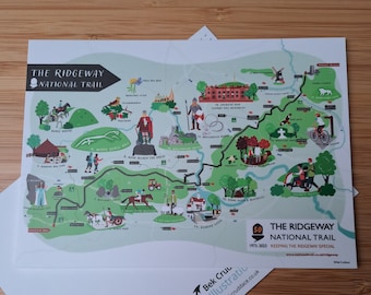 Illustrated Map of The Ridgeway National Trail - Postcard - King Alfred - Chequers - Avebury - Ivinghoe Beacon - Waylands Smithy