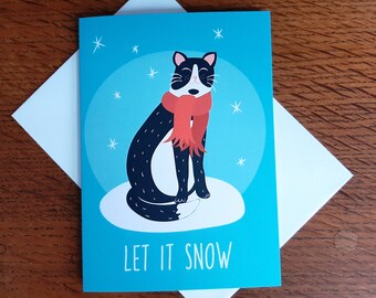 Festive Black and White Cat Christmas Card - Cat in Snow - Hand-drawn - Illustrated & Hand-drawn Stationery - Made in UK - Blank Card