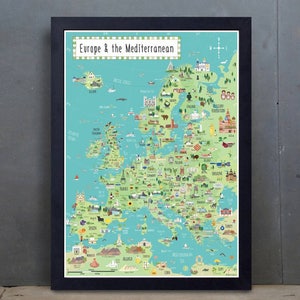 Illustrierte Europa Landkarte - A1 - A2 - A4 - Kunstdruck - handgezeichnete Karte - Lerngeschenk - fertig zum Einrahmen
