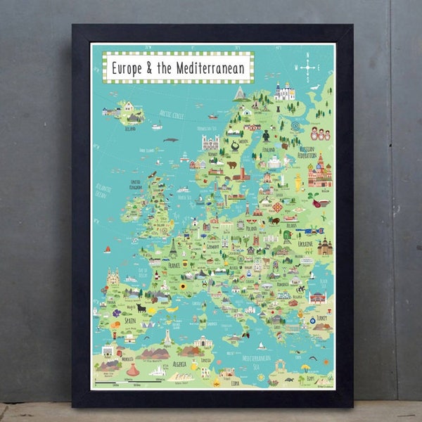 Illustrated Map of Europe - Children's Europe map - A1 - A2 - A4 - Art Print - Hand-drawn Map - Educational Gift - Ready to Frame