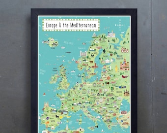 Illustrated Map of Europe - Children's Europe map - A1 - A2 - A4 - Art Print - Hand-drawn Map - Educational Gift - Ready to Frame