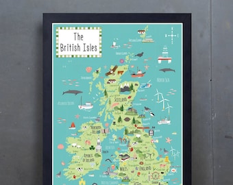 Illustrated Map of British Isles - Children's UK map - A2 - A3 - A4 -Art Print - Hand-drawn Map - Poster - Perfect Gift - Ready to Frame