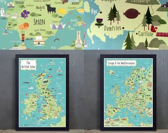 Reduced Price Offer - 2 A2 maps-  Illustrated Map of the British Isles + Illustrated Map of Europe & the Mediterranean - Ready to Frame