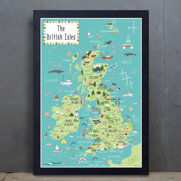 Illustrierte Karte der Britischen Inseln – UK-Karte für Kinder – A2 – A3 – A4 – Kunstdruck – handgezeichnete Karte – Poster – perfektes Geschenk – fertig zum Einrahmen