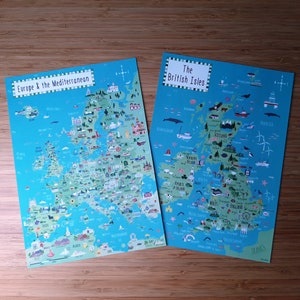 Zwei A4 illustrierte Karten von Britischen Inseln und Europa - Kinder-Großbritannien-Karte - Kunstdruck - Handgezeichnete Karte - Poster - Perfektes Geschenk - Fertig zum Einrahmen