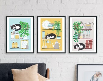 Set of 3 Cat Prints-Cat sleeping shelf-Illustration of black and white cat-A4 print-Ready to Frame-Cat Lover gift Cat Art-Housewarming